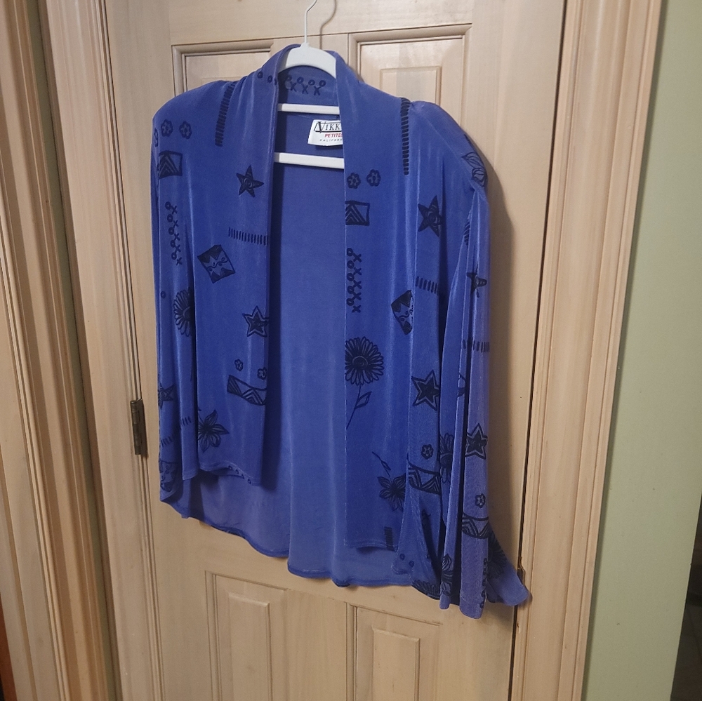 Vintage Petites Vikki Vi Abstract Open Front Blue Sweater Sz 14P - Picture 8 of 8